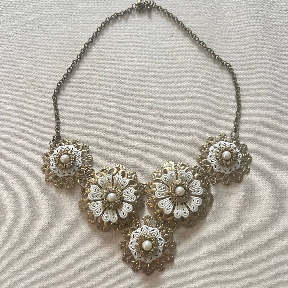 White and Gold Floral Statement Necklace